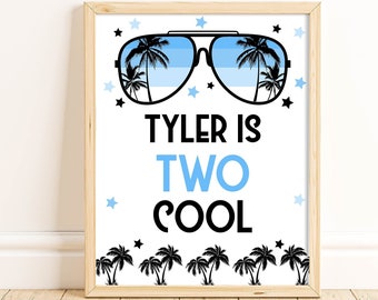 Editable Two Cool Sign, 2nd Birthday Party, Printable Boys Second Birthday Party Decorations, Corjl, Sunglasses Two Year Old Party, BLOC