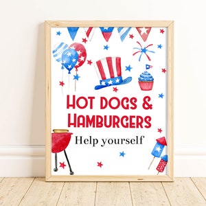 Printable Food Sign, Hot Dogs and Hamburgers, 4th of July Party, July 4th Decorations, BBQ Sign, Table Sign, Red White and Blue, JUBQ