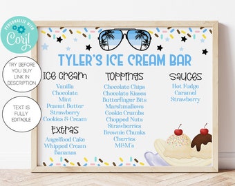 Editable Ice Cream Bar Sign Template, One Cool Dude Birthday Party, Two Cool, Ice Cream Party Decorations, Pool Party Ice Cream, Corjl, BLOC