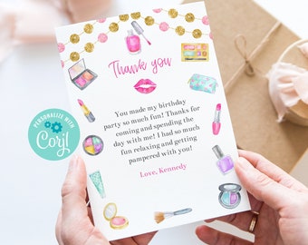 Editable Spa Party Thank You Card Template, Makeup Party, Tween Birthday Party, Spa Birthday, Corjl, Printable Card, Instant Download, MASP