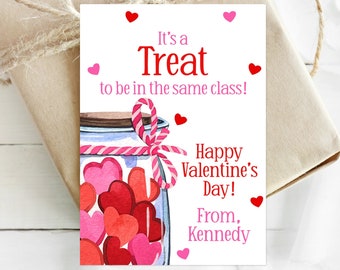 Editable It's A Treat To Be In The Same Class Valentine, School Valentine Gift Tag, Printable Valentines Treat Tag, Classroom Gift, Corjl