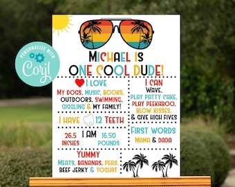 Editable One Cool Dude Sign, Milestone Sign, 1st Birthday, First Birthday Party, Printable Sign, Corjl, Instant Download, Sunglasses, ONEC