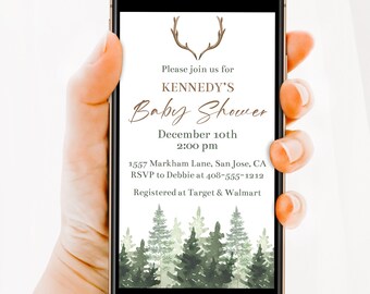 Editable Forest Baby Shower Digital Invitation Deer Antlers Electronic Invitation Rustic Baby Shower Mobile Invite Hunting Baby Corjl FARB