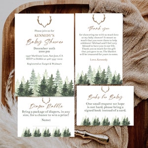 Ensemble d'invitations pour baby shower forêt bois de cerf Invitation carte de remerciement tirage de couches-culottes livres pour bébé shower de bébé rustique modifiable Corjl FARB