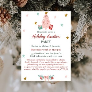 May include: A holiday donation party invitation with a festive design. The invitation features a pink Christmas tree, gift boxes, and stars. The text includes the date, time, and location of the event.