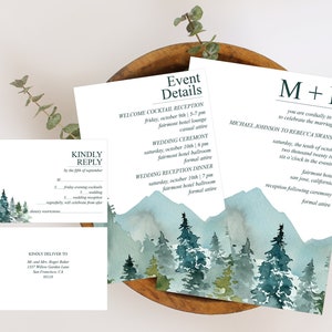 Mountain Wedding Invitation Suite | Editable Invitation Template |  Mountain Invitation Set | Forest Wedding Invite | Rustic Wedding | Corjl