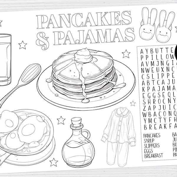 Printable Pancakes and Pajamas Coloring Sheet and Word Search or Placemat Girls Pajama Party Sleepover Breakfast Activity Instant Download