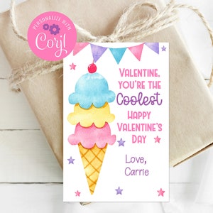 Editable Ice Cream Valentine Tag, Printable Valentines, Sweet Valentine, Corjl, Instant Download, Kids Valentines, School Valentines