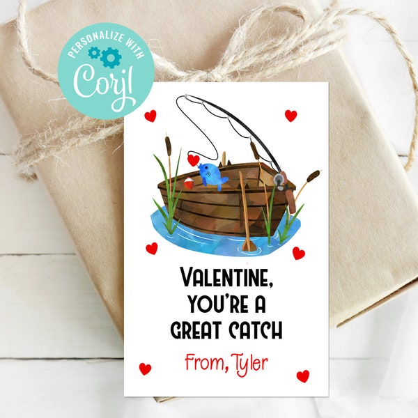 Editable You're a Great Catch Valentine, Fishing Valentine, Printable Valentines, Corjl, Instant Download, School Valentine, Boy Valentines