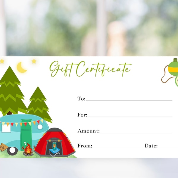 Camping Gift Certificate Voucher Template Editable Gift Coupon Personalized Gift Printable Family Camping Trip RV Rental Summer Camp Corjl