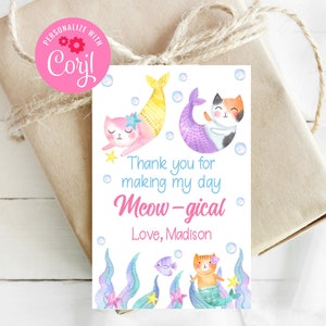 Étiquettes modifiables de faveur MerCat, Purrmaid, fête de chat sirène, fête d'anniversaire de chat, sous la mer, étiquettes imprimables, téléchargement immédiat, Corjl, MCBP