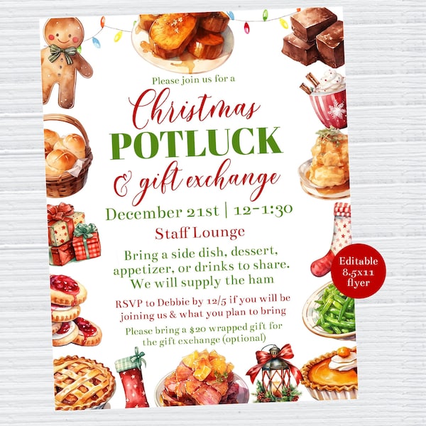 Bearbeitbarer Weihnachtspotluck Flyer Vorlage Druckbarer Weihnachtspersonal Potluck Lehrer und Mitarbeiter Wertschätzung Luncheon Flyer Büroparty Corjl