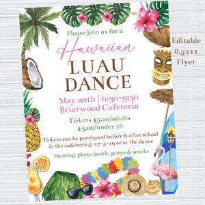 Editable Hawaiian Luau Dance Flyer Template, School Dance Flyer, Luau Party Flyer, Tropical Dance Flyer, Tropical Luau Dinner, Corjl, HLDA