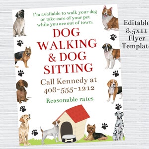 Bewerkbare sjabloon voor hond uitlaten, afdrukbare flyer voor dierenoppas, flyer voor hondenoppas, bord buurthuisdier, bord dierenoppas, Corjl