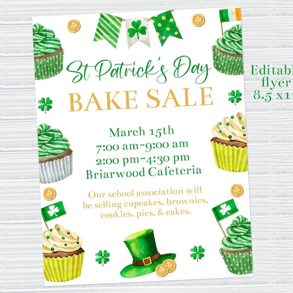 編集可能な聖パトリックデーのベークセールのチラシテンプレート、印刷可能な学校のベークセール、教会のベークセールの募金活動、聖パトリックのポットラックのチラシ、Corjl