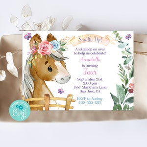 Editable Horse Birthday Invitation, Pony Party, Horse Party, Corjl, Pony Birthday Invite, Printable Invite, Girls Birthday Party, SUBP