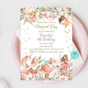 Editable Fairy Unicorn Birthday Invitation Template Garden Fairy Party Forest Girls Enchanted Magical Party Forest Fairies Corjl FUMA