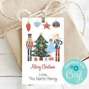 May include: A white gift tag with a Christmas theme. The tag features illustrations of a nutcracker, Christmas tree, and other festive ornaments. The words "Merry Christmas" and "Love, The Martin Family" are written on the tag.
