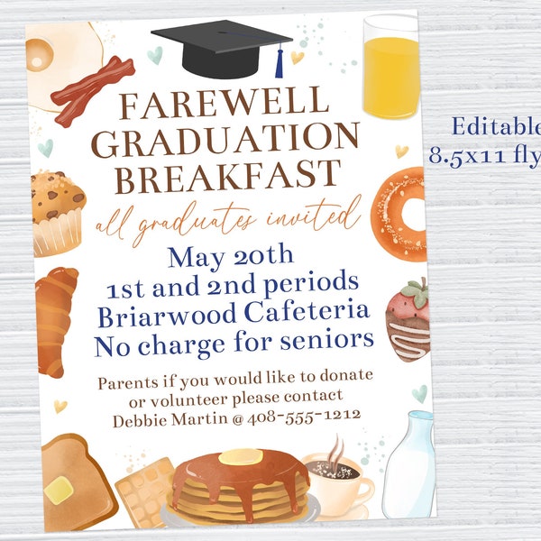 Editable Graduation Breakfast Flyer Template, Seniors Breakfast, Printable Farewell Breakfast, School Breakfast, Class of 2024, Corjl