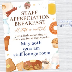 Editable Staff Appreciation Breakfast Flyer Template, Office Breakfast, Teacher Appreciation, School Flyer, Printable Breakfast Sign, Corjl