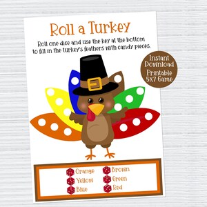 Thanksgiving Game, Printable Roll A Turkey Game Card, Thanksgiving Dinner Activity, Turkey Dice Game, Instant Download, Kids Activity