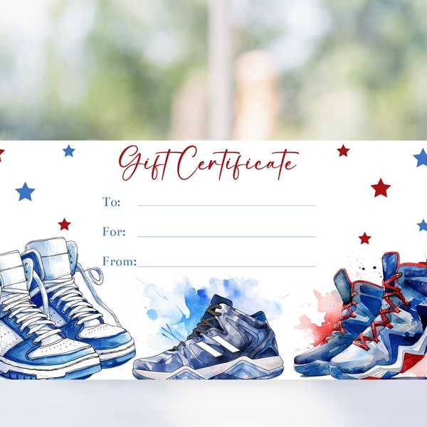 Editable Men's Shoe Gift Certificate Template Basketball Shoes Coupon Voucher Printable Christmas or Birthday Gift For Men Teenagers Corjl