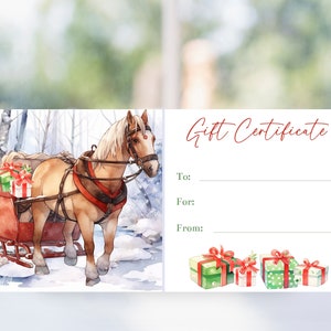 Modello stampabile di buono regalo per carrozza trainata da cavalli, buono per giro in slitta invernale, buono regalo per Natale o compleanno invernale a tema cavalli, Corjl