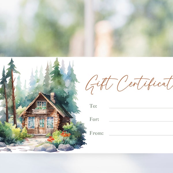 Printable Lake Cabin Gift Certificate Template, Mountain Vacation Cabin Rental Coupon Voucher, Christmas Anniversary or Birthday, Corjl ACG3