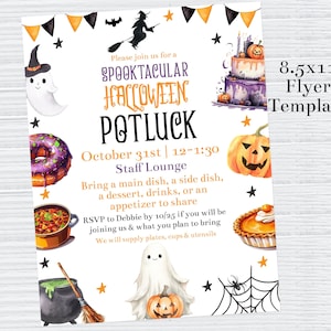 Bearbeitbare Halloween Potluck Flyer Vorlage, Halloween Staff Potluck, Flyer zur Wertschätzung des Personals, Lehrer Potluck, druckbares Potluck Schild, Corjl