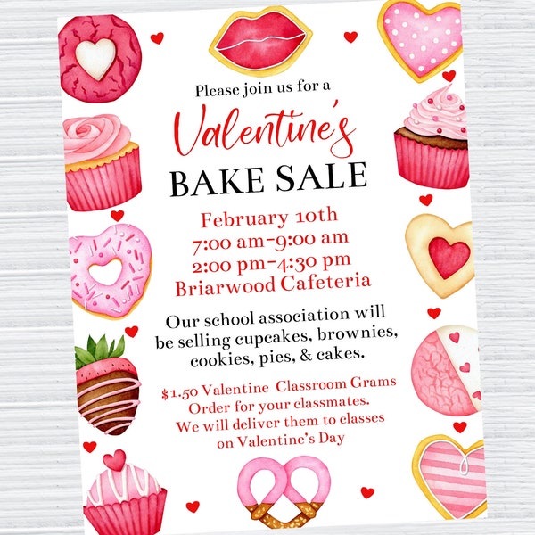 Editable Valentine's Day Bake Sale Flyer Template, Printable School Bake Sale. Church Bake Sale Fundraiser, Cookie Sale Flyer, Corjl