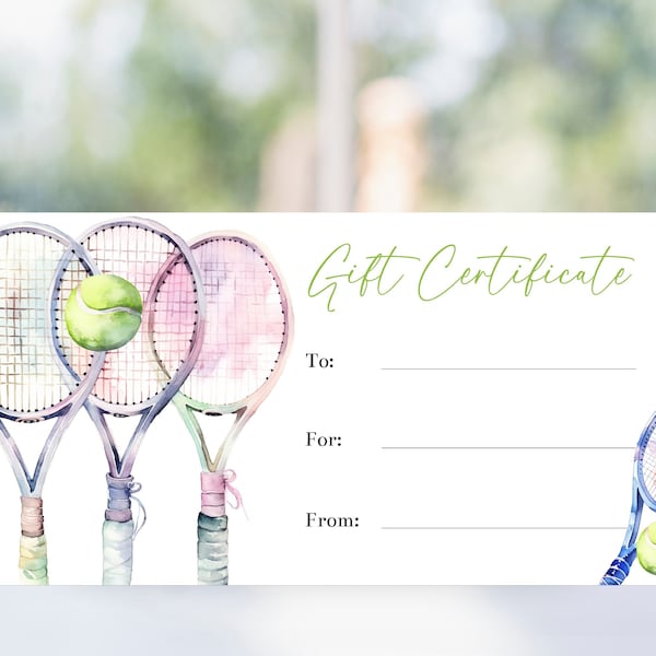 Printable Tennis Gift Certificate Template, Tennis Lessons Coupon Voucher, Tennis Racquet and Supplies Gift Voucher, Tennis Gifts, Corjl