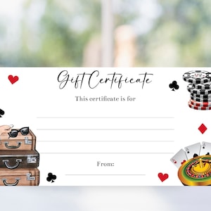 Plantilla editable de certificado de regalo para viaje de casino, cupón imprimible para viaje de fin de semana de juegos de azar, cupón personalizado, viaje de chicas, Corjl