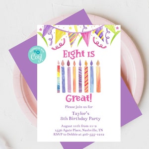 Editable 8th Birthday Invitation, Eighth Birthday, Eight is Great, Corjl, Invitation Template, Printable Invitation, Instant Download, EIGB