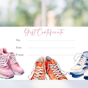 Modèle modifiable de chèque-cadeau de chaussures pour femmes, bon de réduction de baskets de tennis, cadeau de Noël ou d'anniversaire imprimable femmes filles Corjl
