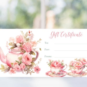 Plantilla imprimible de certificado de regalo de té, cupón de regalo para tetera y tazas de té, regalo para ella, Navidad, Día de la Madre, cumpleaños, Corjl