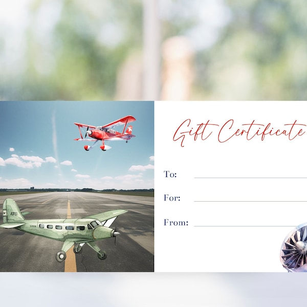 Printable Airplane Flying Lessons Gift Certificate Template, Aviation Coupon, Pilot Training Gift Voucher, Christmas or Birthday Gift, Corjl