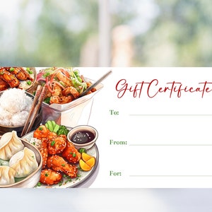 Modello modificabile di buono regalo per cena cinese, lezioni di cucina cinese, buono sconto stampabile per cibo, regalo di Natale, Corjl
