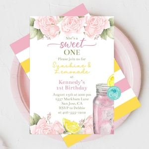 Floral Pink Lemonade 1. Geburtstag Einladung Vorlage ONE Sweet First Birthday Invite Sunshine and Lemonade Invite Pink Lemonade Corjl PLBP Bild 1