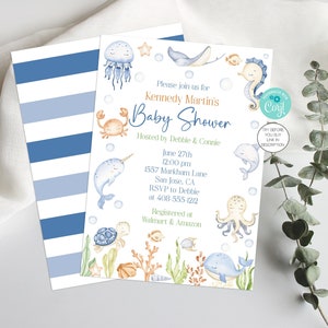 Ocean Baby Shower Invitation Template Ocean and Sea Baby Shower Whale Dolphin Sea Turtle Jellyfish Octopus Editable Corjl Printable UNSE