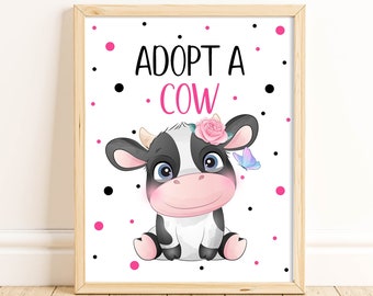 Adopt A Cow Sign For Favors At Birthday Party, Farm Birthday Party For Kids, Holy Cow Party, Birthday Party Sign, Barnyard Party, HCHM