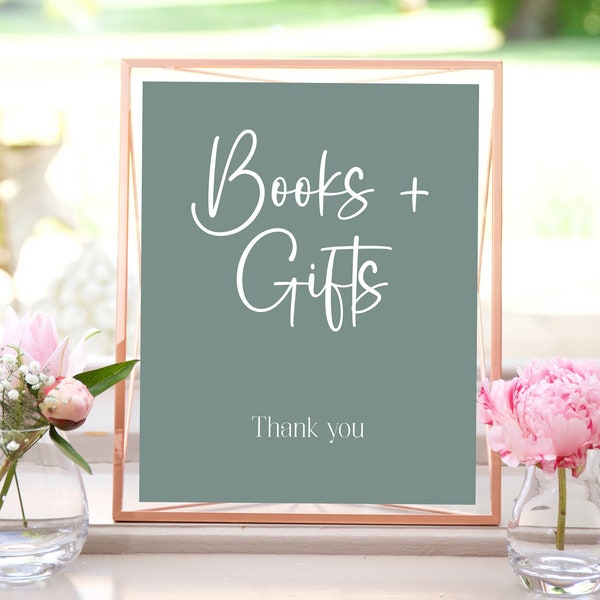 Sage Green Books and Gifts Sign Template, Boho Baby Shower, Minimalist Baby Shower, Gift Table Sign, Baby Shower Decorations, Instant, SGBS
