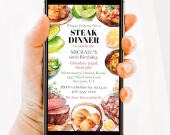 Editable Steak Dinner Digital Invitation, Steak House Birthday Party Dinner, 40th 50th 60th Birthday, Men's Birthday, Bachelor Dinner, Corjl
