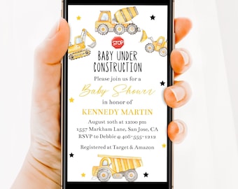 Editable Under Construction Baby Shower Digital Invitation, Boys Baby Shower Electronic Invite Text or Email, Mobile Invite, Corjl, BUCS