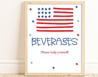 Printable Beverage Sign, 4th of July Party, July 4th Decorations, Printable Sign, Drinks Sign, Table Sign, Red White and Blue, Instant, JUFO