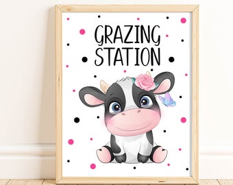 Grazing Station Sign For Food Table At Cow Birthday Party or Cow Baby Shower, Cow Party Decorations, Farm Party, 1st Birthday Party, HCHM