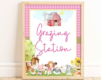 Pink Farm Grazing Station Sign, Food Sign, Farm Birthday Party, Barnyard Party, Farm Baby Shower, Party Decorations, 1st Birthday, PFAR