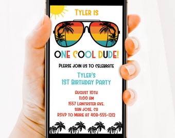 Editable One Cool Dude Digital Invitation Template | 1st Birthday Electronic Mobile Invite | Two Cool First or 2nd Birthday | Corjl | ONEC