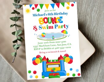 Editable Bounce and Swim Party Invitation Template, Bounce House and Swimming Summer Party,  Printable Jump House Birthday Invite, Corjl