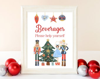 Nutcracker Christmas, Beverages Sign, Christmas Party Decorations, Holiday Party, Table Sign, Drinks Sign, Printable, Christmas Eve, RNUT