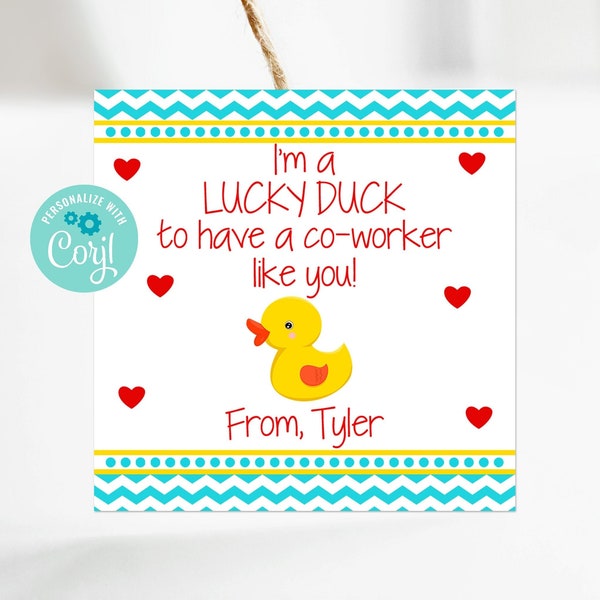 Editable Lucky Duck Valentine For Co-Workers, Office Gifts For Valentine's Day, Employee Appreciation Gifts, Corjl, Printable Tags, Digital